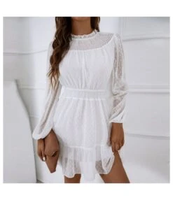 Casual Lace Trim A-Line Dress Puff Sleeves High Waist Wholesale Dresses SDN561461 -OTIS Clothing Shop 20220803041043580