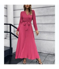 Long Sleeve V-Neck Tie-Up Pleated Swing Dress Wholesale Maxi Dresses SDN536045