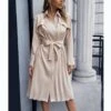 Trendy Long Sleeve Tie-Up Pleated Trench Coat Dress Wholesale Shirt Dresses SDN536044