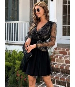Mesh Lantern Long Sleeve Sexy Deep V Sequin Dress Wholesale Dresses SDN536449 -OTIS Clothing Shop 20220824030757587