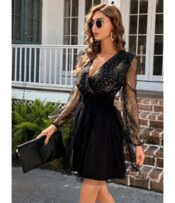 Mesh Lantern Long Sleeve Sexy Deep V Sequin Dress Wholesale Dresses SDN536449 -OTIS Clothing Shop 20220824030757932