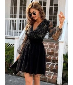 Mesh Lantern Long Sleeve Sexy Deep V Sequin Dress Wholesale Dresses SDN536449 -OTIS Clothing Shop 20220824030758231