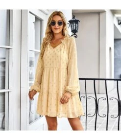 Polka Dot Long Sleeve Lace-Up Casual Loose Smocked Dress Wholesale Dresses SDN535295 -OTIS Clothing Shop 20220901031657399 1