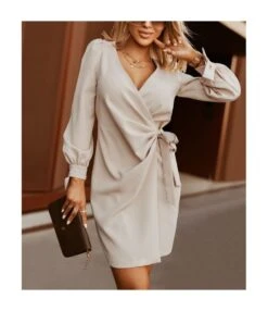 Sexy V Neck Lace-Up Mini Dress Puff Sleeve Solid Color Wholesale Dresses SDN561528