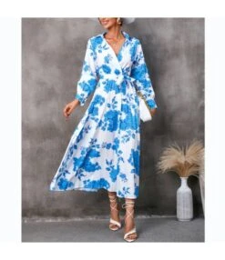Floral Print Long Sleeve Tie-Up Midi Lapel Swing Pleated Dress Wholesale Dresses SDN536695