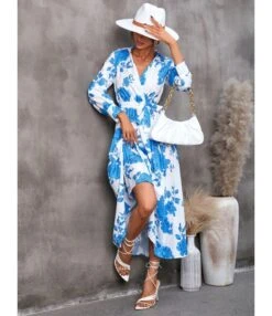 Floral Print Long Sleeve Tie-Up Midi Lapel Swing Pleated Dress Wholesale Dresses SDN536695 -OTIS Clothing Shop 20220905112046448