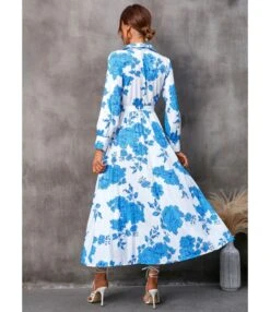 Floral Print Long Sleeve Tie-Up Midi Lapel Swing Pleated Dress Wholesale Dresses SDN536695 -OTIS Clothing Shop 20220905112046889