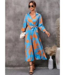 Floral Print Long Sleeve Tie-Up Midi Lapel Swing Pleated Dress Wholesale Dresses SDN536695 -OTIS Clothing Shop 20220905112047249 1