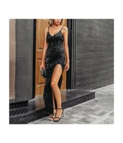 Elegant Sexy V-Neck Slip Sequin Maxi Slit Dress Evening Sleeveless Wholesale Dresses SDN562258