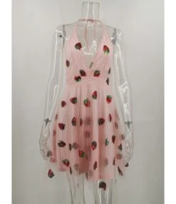 Deep V-neck Sequins Strawberry Embroidered Halter Dress -OTIS Clothing Shop 210104414 4
