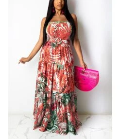 Suspender Flower Print Shirring Pleated Maxi Dress With Belt