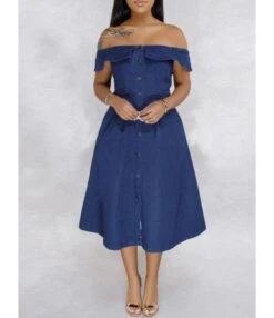 Single-breasted Off Shoulder Denim Swing Dress