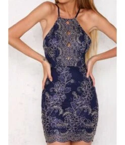 Sleeveless Back Crisscross Lettuce Trim Totem Print Stitching Lace Halter Dress