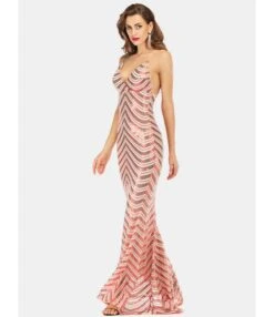 Sleeveless Contrast Cross Back Sequin Evening Maxi Dress