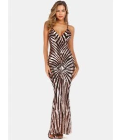 Sequin Contrast Suspender Evening Maxi Dress