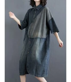 Colorblock Lapel Neck Single-breasted Stitching Oversize Denim Dress 210528496 -OTIS Clothing Shop 210528496 2