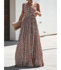 Bohemian V-neck Floral Print Tie Up Split Maxi-Dress 210528724