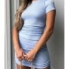 Solid Color Smock Lace-up Short Sleeve Bodycon Dress 210601979