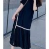 Plus Size Crew Neck Stitching Pleated Hem Chiffon Dress 210602597