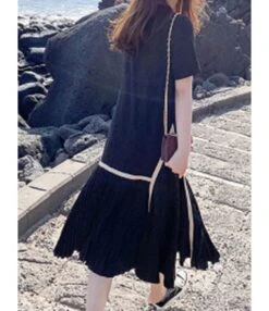 Plus Size Crew Neck Stitching Pleated Hem Chiffon Dress 210602597 -OTIS Clothing Shop 210602597 4