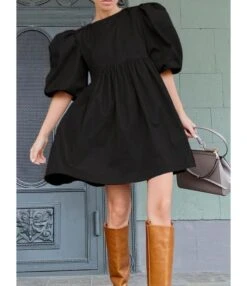 Puff Sleeve Round Neck Solid Loose Dress 210728917 -OTIS Clothing Shop 210728917 2