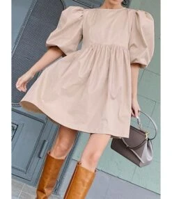 Puff Sleeve Round Neck Solid Loose Dress 210728917