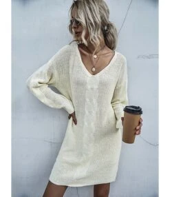 Casual Knitting Short Dress V-neck Twist 210803584