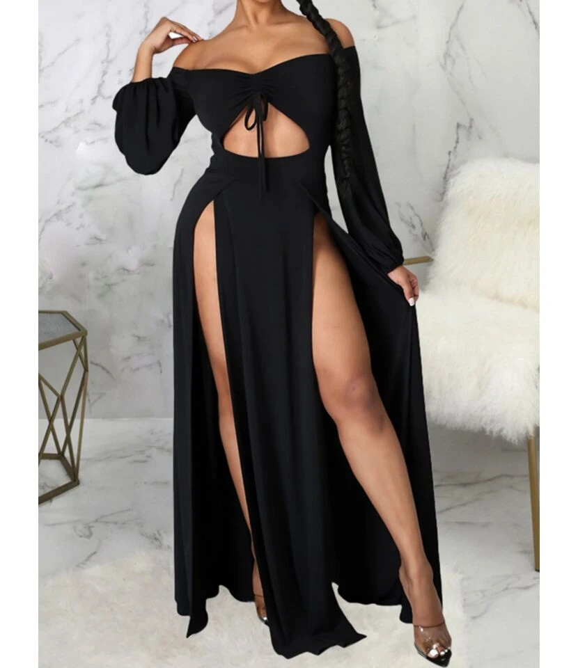Sexy Off Shoulder Chest Wrap Hollow Thigh Split Maxi-dress 210810108 8 Sexy Off Shoulder Chest Wrap Hollow Thigh Split Maxi-dress 210810108 - Image 6