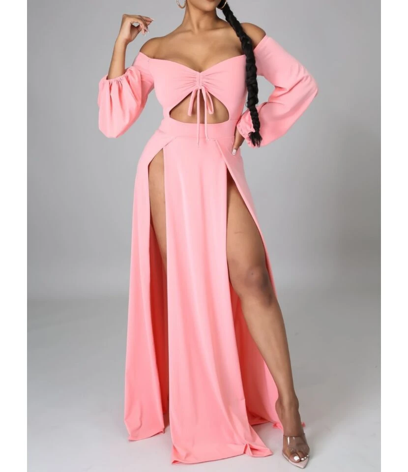 Sexy Off Shoulder Chest Wrap Hollow Thigh Split Maxi-dress 210810108 3 Sexy Off Shoulder Chest Wrap Hollow Thigh Split Maxi-dress 210810108