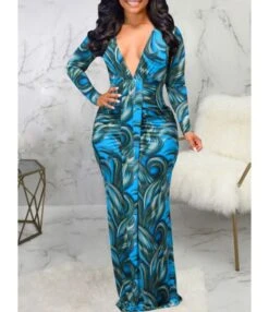 All Over Print Bodycon V-Neckline Maxi-dress 210810594