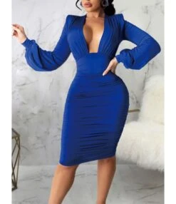 Midi Dress Bodycon Solid Low Cut 210810946