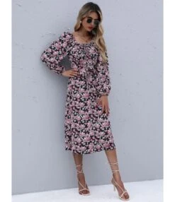 Square Neck Floral Printed High Waist Dress Wholesale Clothing 210820853 -OTIS Clothing Shop 210820853 2