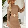 Turtleneck Solid Knitting Sweater Short Dress Without Belt 210826930