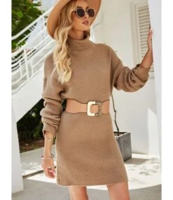 Turtleneck Solid Knitting Sweater Short Dress Without Belt 210826930