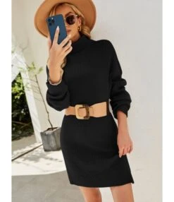 Turtleneck Solid Knitting Sweater Short Dress Without Belt 210826930 -OTIS Clothing Shop 210826930 2