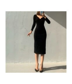 Sexy Square Neck Dress Long Sleeve High Waist Slim Midi Slit Wholesale Dresses SDN561690