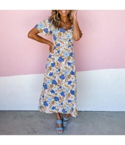 Sexy V-Neck Floral Dress Short Sleeve High Waist Slit Wholesale Dresses SDN560549