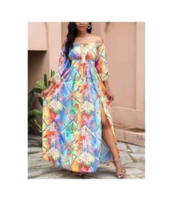 Vintage Sexy Off-Shoulder Print Slit Maxi Dress V Neck Wrap Long Sleeve Wholesale Dresses SD204708