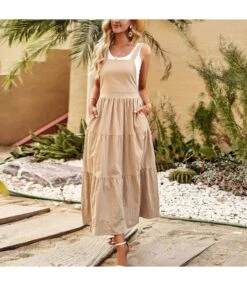 Casual Solid Color U-Neck Patchwork Straps Dress Wholesale Dresses V5923041200038