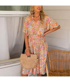 Casual Print V-Neck Dress Short Sleeve High Waist Swing Wholesale Dresses SDN561302