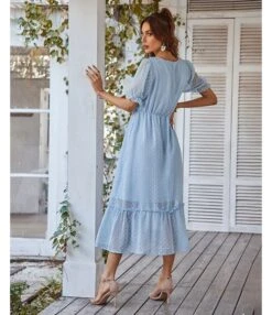 Elegant V Neck Flocking Midi Dress Short Sleeve Solid Color High Waist Wholesale Dresses SDN560431 -OTIS Clothing Shop 2fef7b3f b826 4ffc 9037 6781dc6c3a34 deb9e24e9eafaf4f4ab70e09b5bddddb
