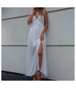 Casuav-Neck Sexy Backless Bowknot Slit White Sling Dress Wholesale Maxi Dresses SDN538990