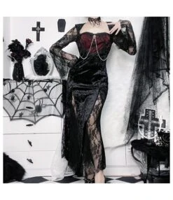 Dark Style Splicing See-Through Lace Slim-Fit Slit Trumpet Sleeve Dress Wholesale Dresses SDV464255