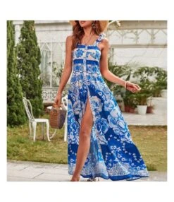 Floral Print Sundresses High Waist Sling Slit Swing Dress Resort Wholesale Maxi Dresses SDN532860