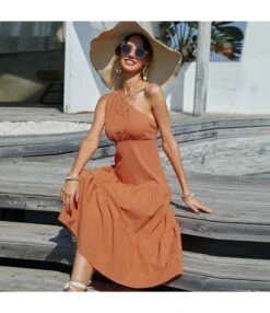 Fashion Solid Color High Waist Slanted Shoulder Smocked Dress Midi Casual Wholesale Dresses SD168401 -OTIS Clothing Shop 3891003d 7991 46be 8478 326102900069 ff37301166a4f15b4bf679c1bc0bed3b