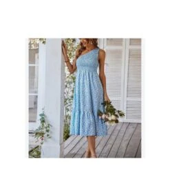 Floral Print Slanted Shoulder Fashion Mid-Length Ruffled Dress Vacation Wholesale Dresses SDN533134