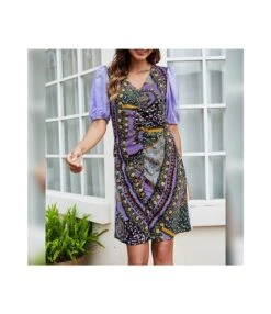 Printed Fashion Pullover Puff Sleeve Dress Casual V-Neck Slim Elegant Wholesale Dresses SD183952