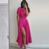 Fashion Crew Neck Puff Sleeve A-Line Midi Dress Single-Breasted Slit Solid Color Wholesale Dresses SD58855
