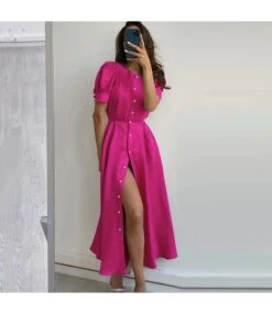Fashion Crew Neck Puff Sleeve A-Line Midi Dress Single-Breasted Slit Solid Color Wholesale Dresses SD58855