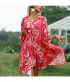 Floral Printed V Neck Tie-Up Waist Half Sleeve Irregular Hem Dress Casual Wholesale Dresses SDN532791